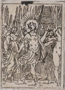Apollo e le muse onorano la tomba di Agostino Carracci (da I funerali d'Agostino Carracci fatto in Bologna sua patria da gl'incamminati Accademici, Bologna, Benacci, 1603)